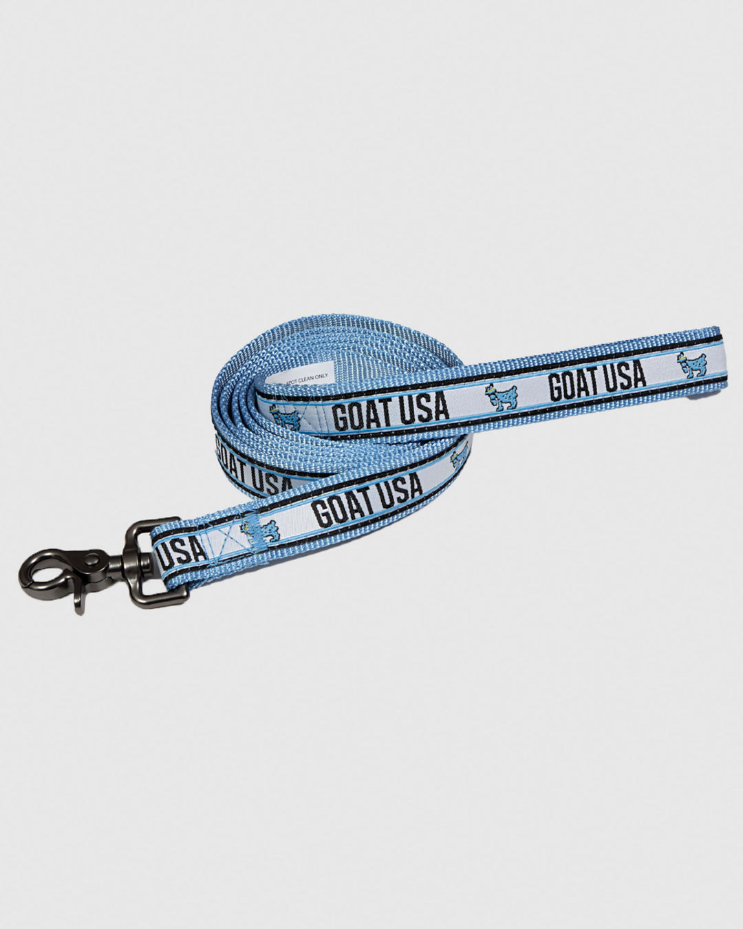 Blue and white dog leash rolled up
