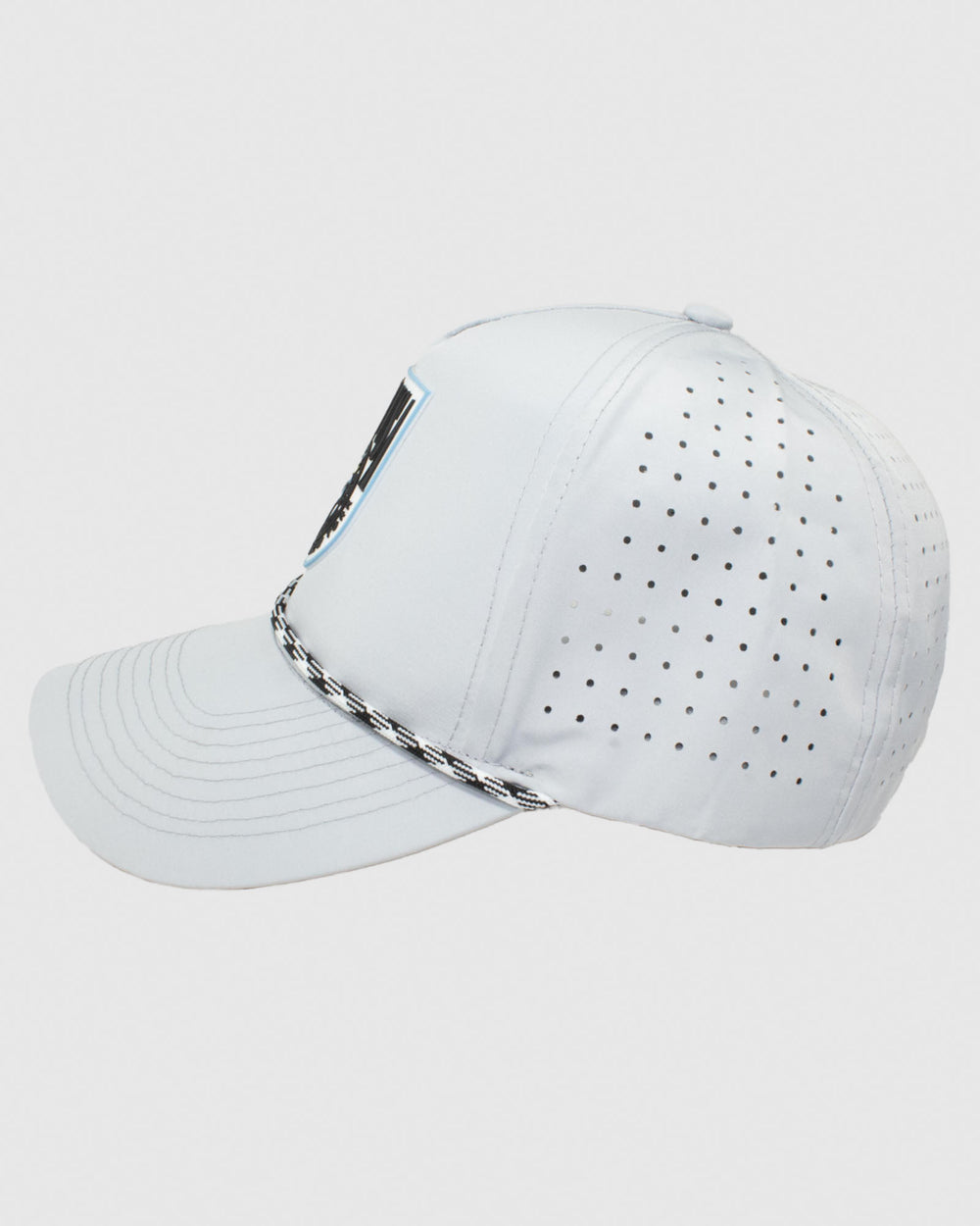 Side view of gray perforated hat with black and white rope and rubber patch#color_gray