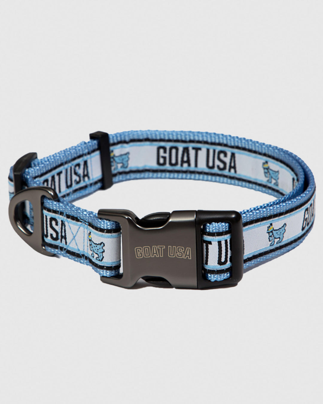 Blue and white dog collar with goats and says GOAT USA
