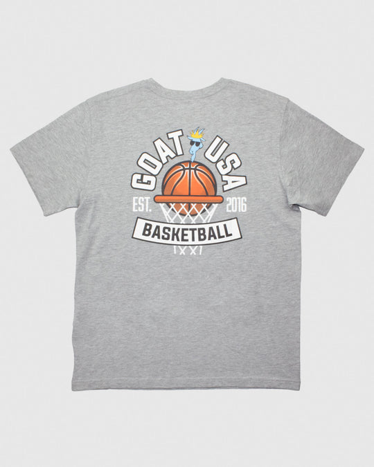 Back of gray t-shirt with design that reads "GOAT USA Basketball"#color_gray