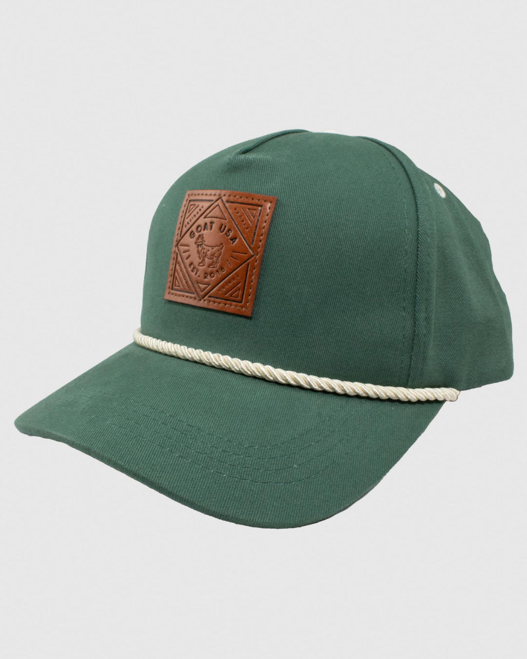 Front of green snapback with cream-colored rope and brown patch