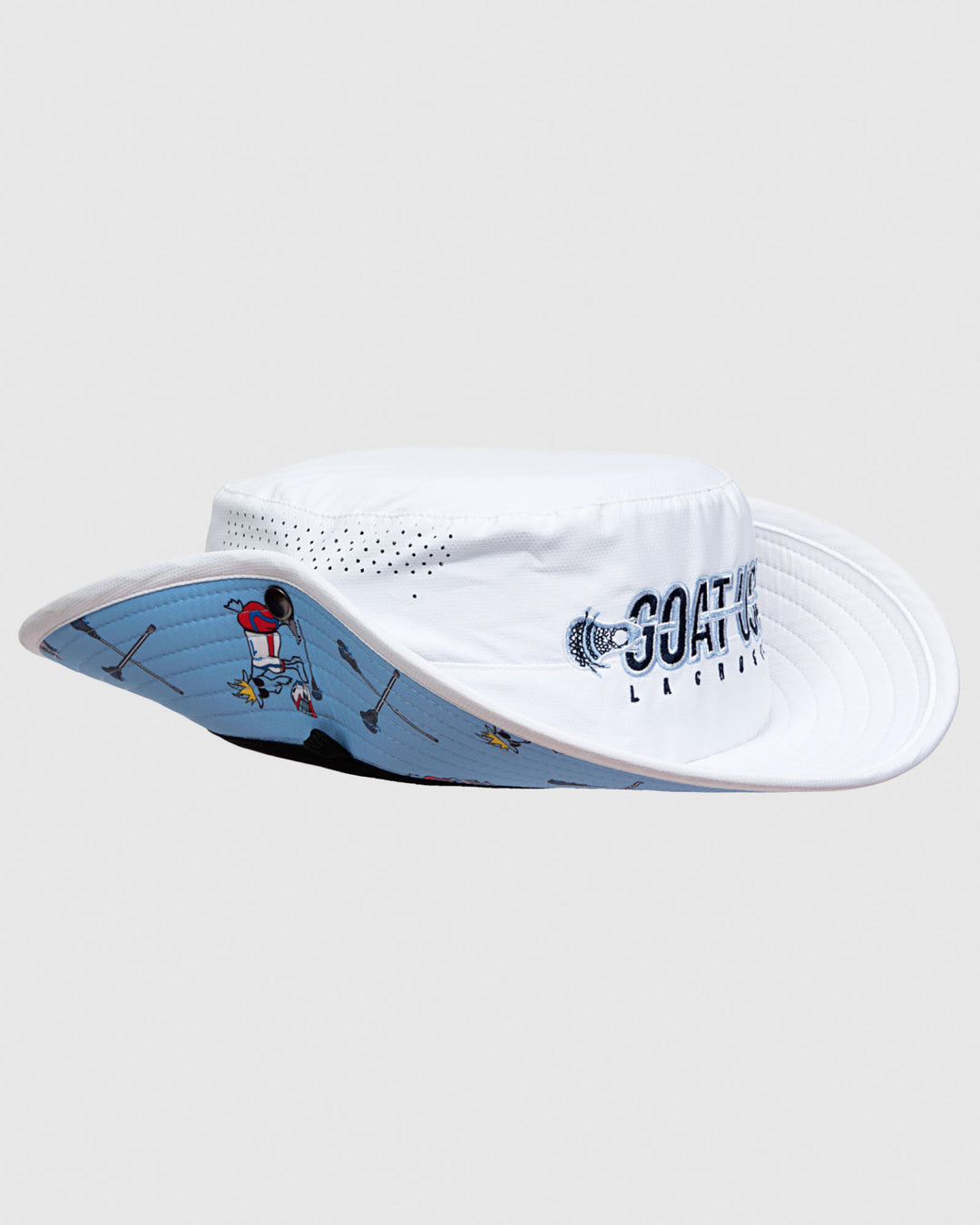 White bucket hat with side flaps clipped up