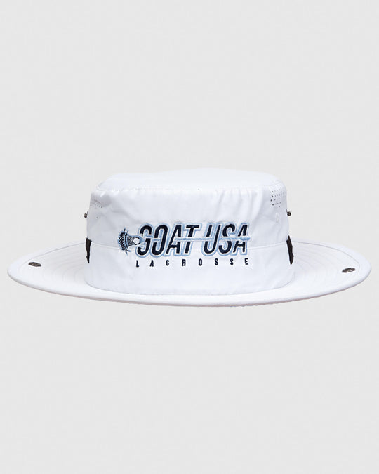 White bucket hat with lacrosse stick design that reads "GOAT USA LACROSSE"