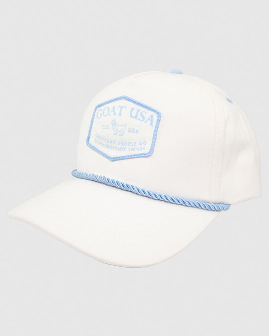 White snapback with blue rope and embroidered patch#color_stone