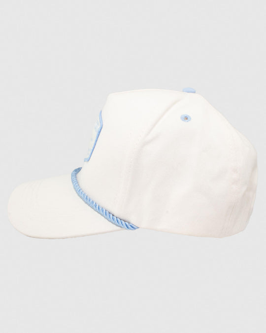 Side view of white snapback with blue rope and embroidered patch#color_stone