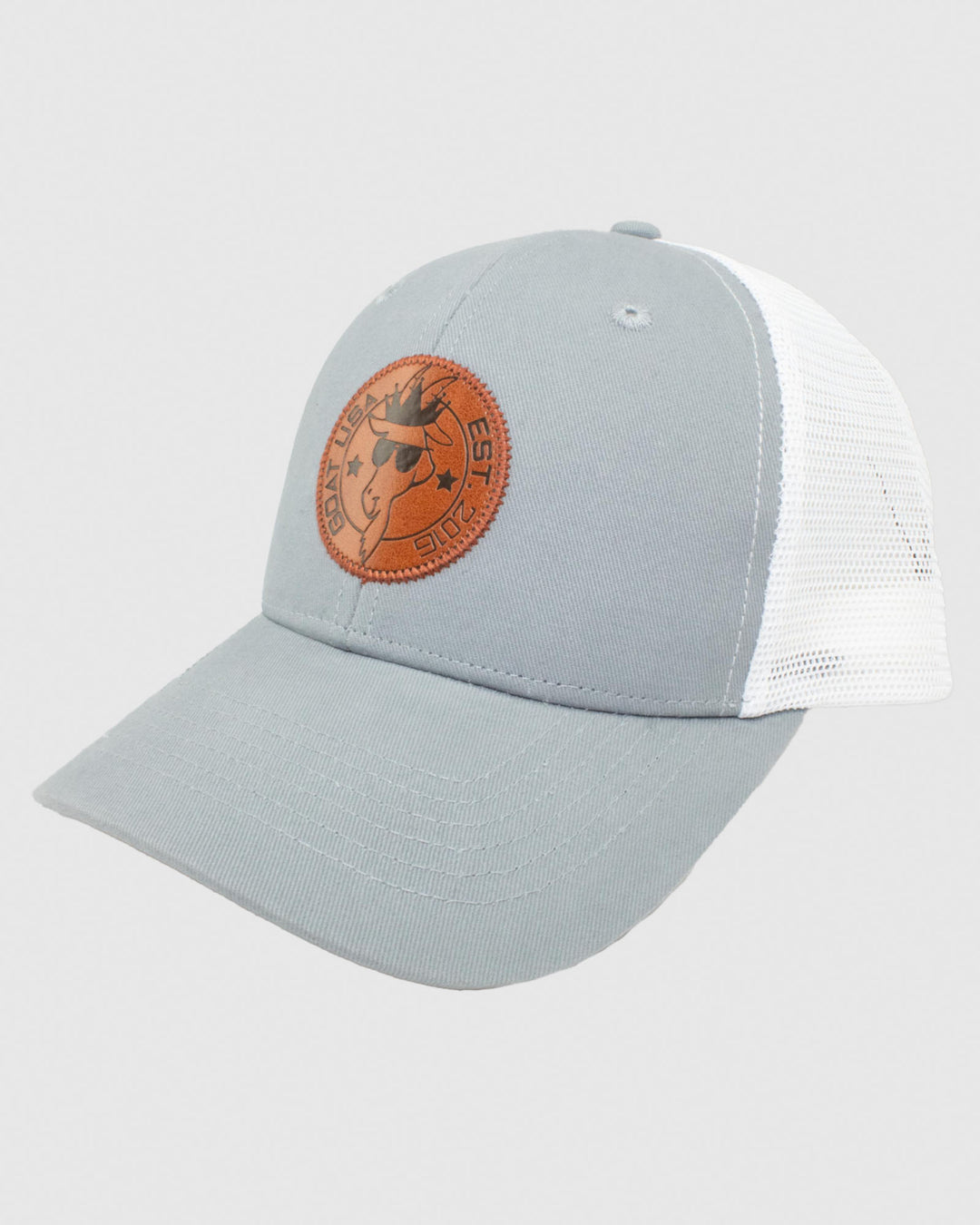 Gray hat with white mesh and brown leather patch#color_charcoal