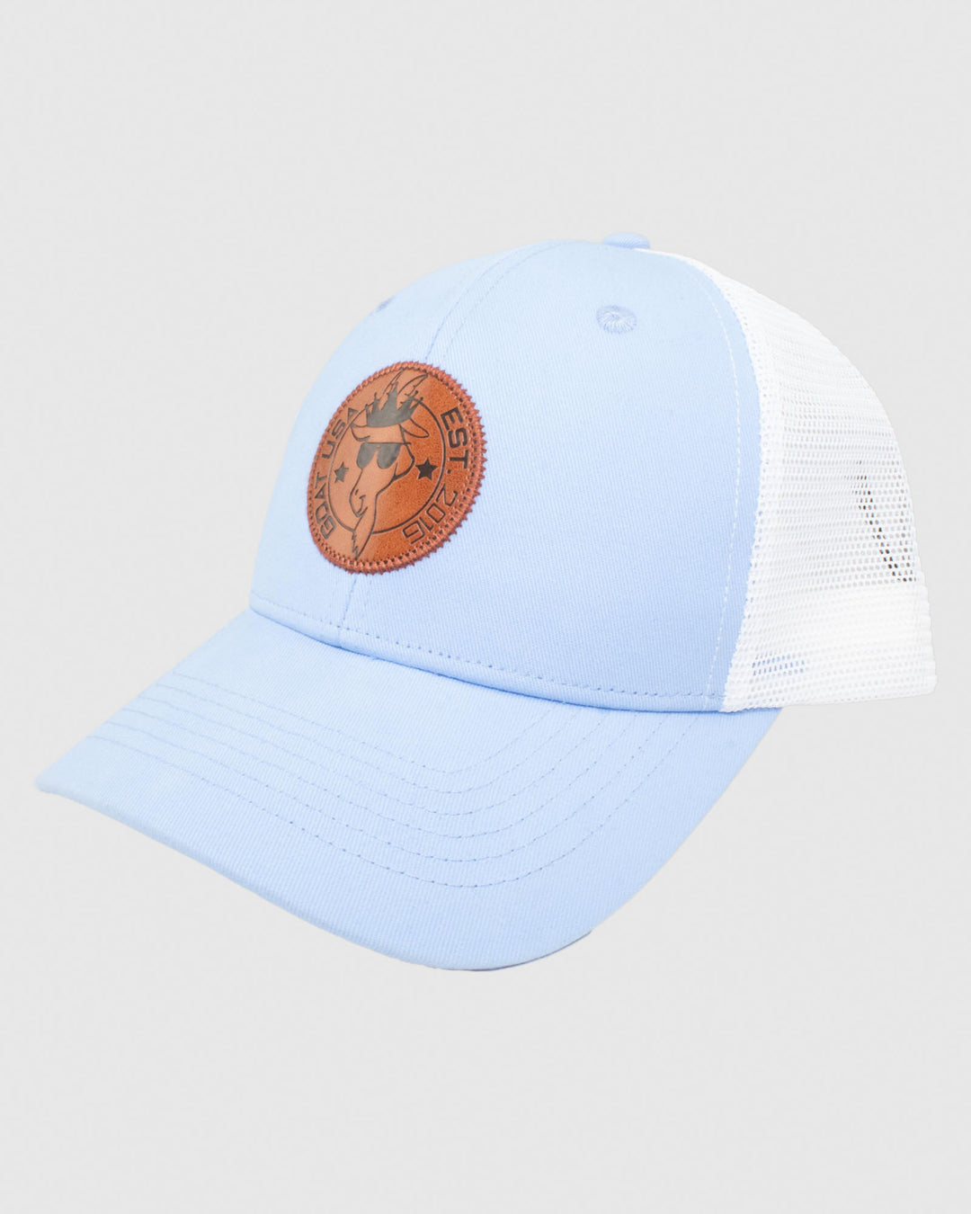 Carolina blue hat with white mesh and brown leather patch#color_carolina-blue