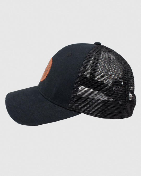 Black hat with black mesh and brown leather patch#color_black