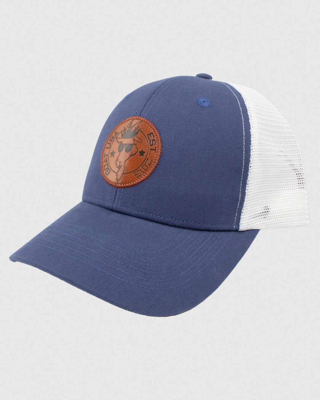Navy hat with white mesh and brown leather patch#color_navy