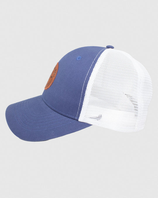Side view of navy hat with white mesh and brown leather patch#color_navy