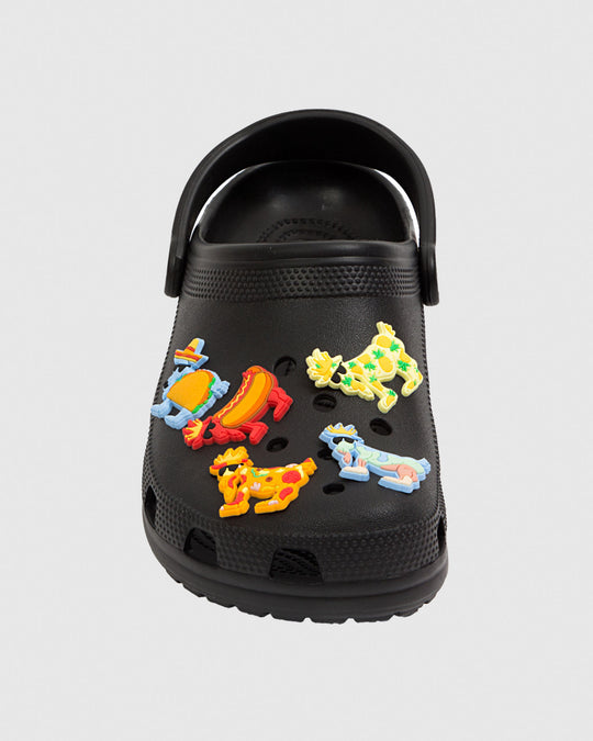 Black clog with colorful food-inspired shoe charms#style_food