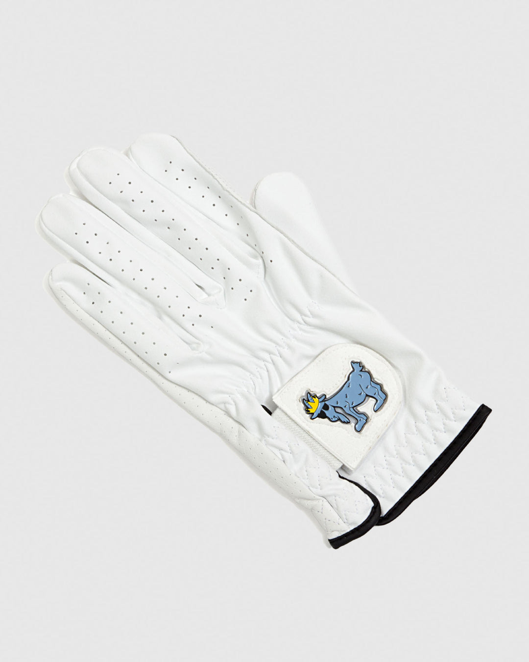 White golf glove with blue goat ball marker