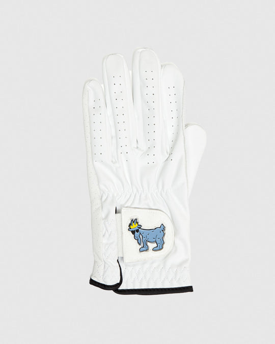 White golf glove with blue goat ball marker