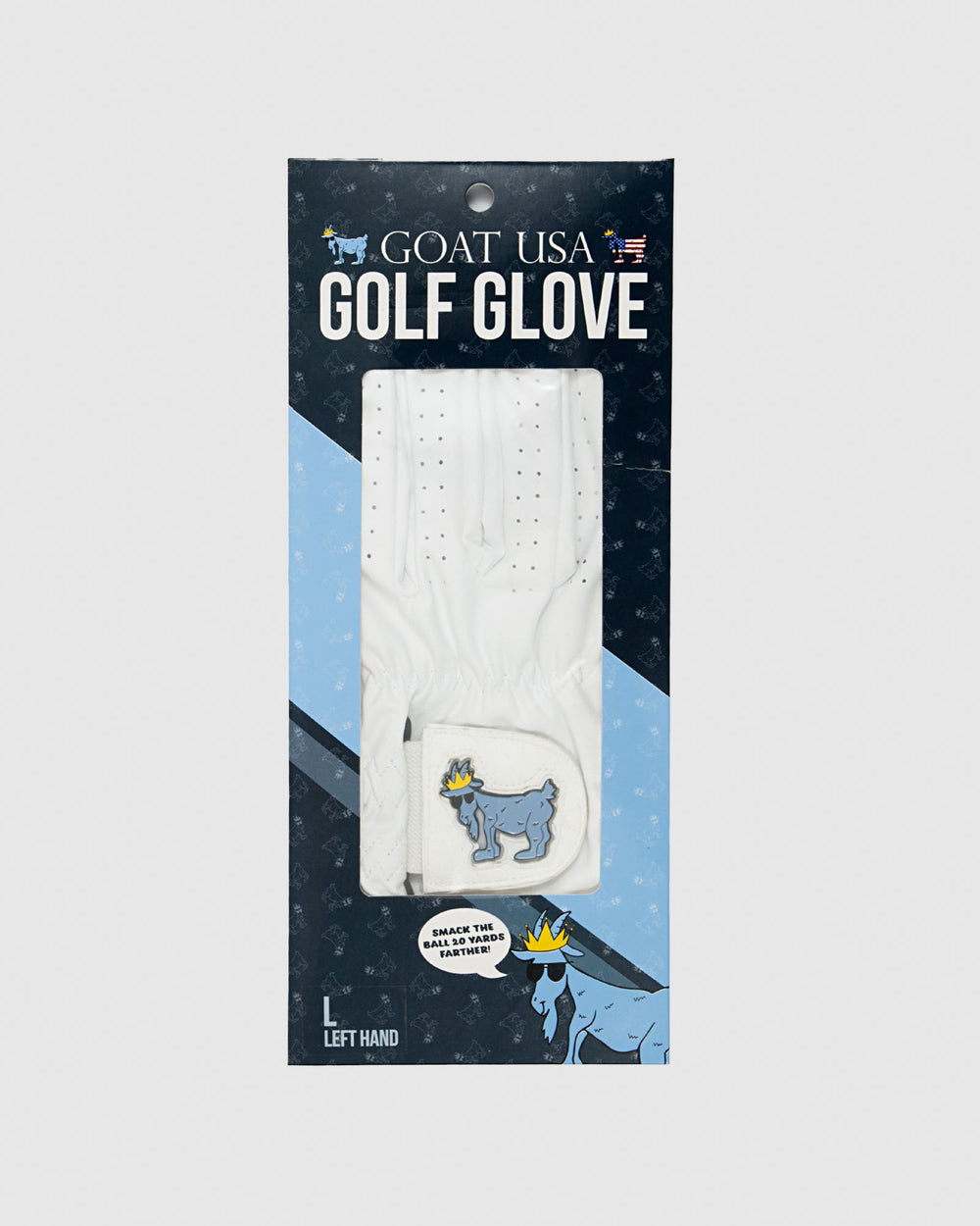 White golf glove with blue goat ball marker in packaging
