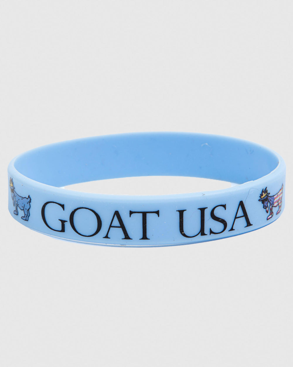 Blue silicone wristband that says "GOAT USA"