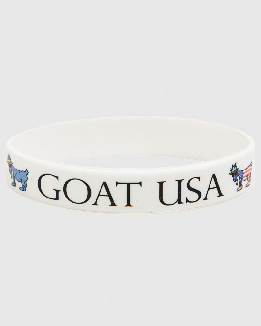 White silicone wristband that says "GOAT USA"