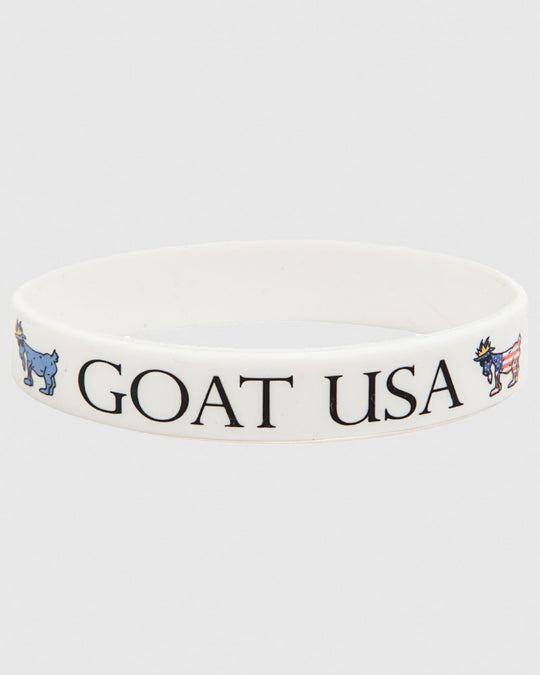 White silicone wristband that says "GOAT USA"