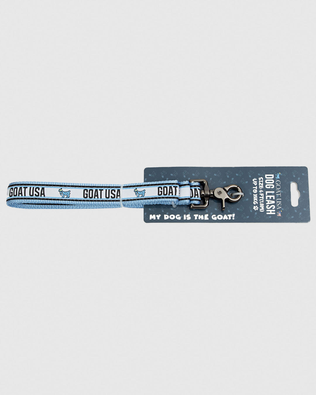 Blue and white dog leash in packaging