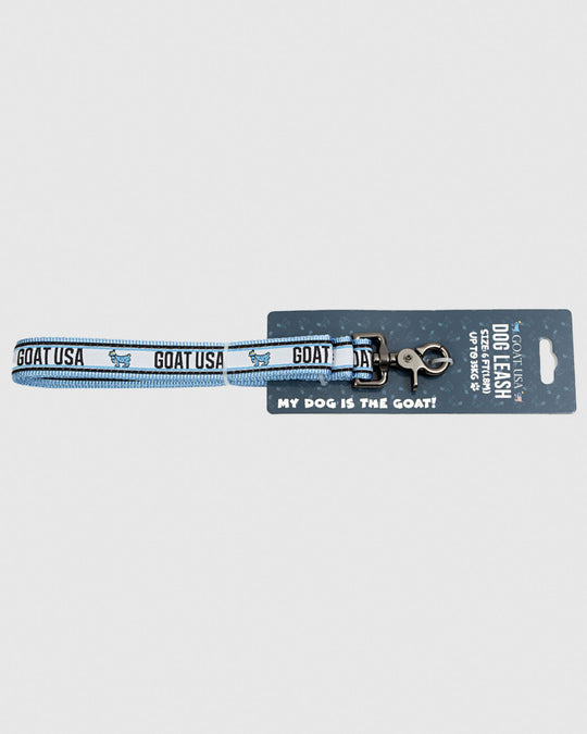 Blue and white dog leash in packaging