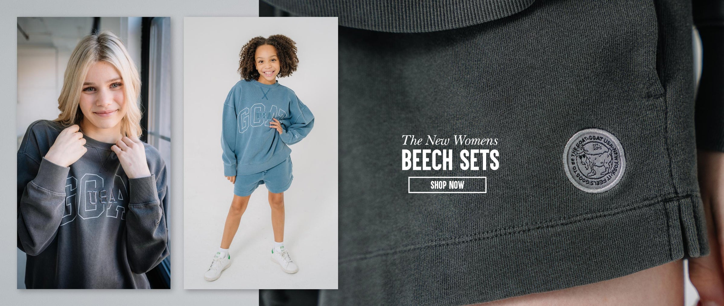 Two girls wearing matching sets with text that reads "The New Womens Beech Sets Shop Now"