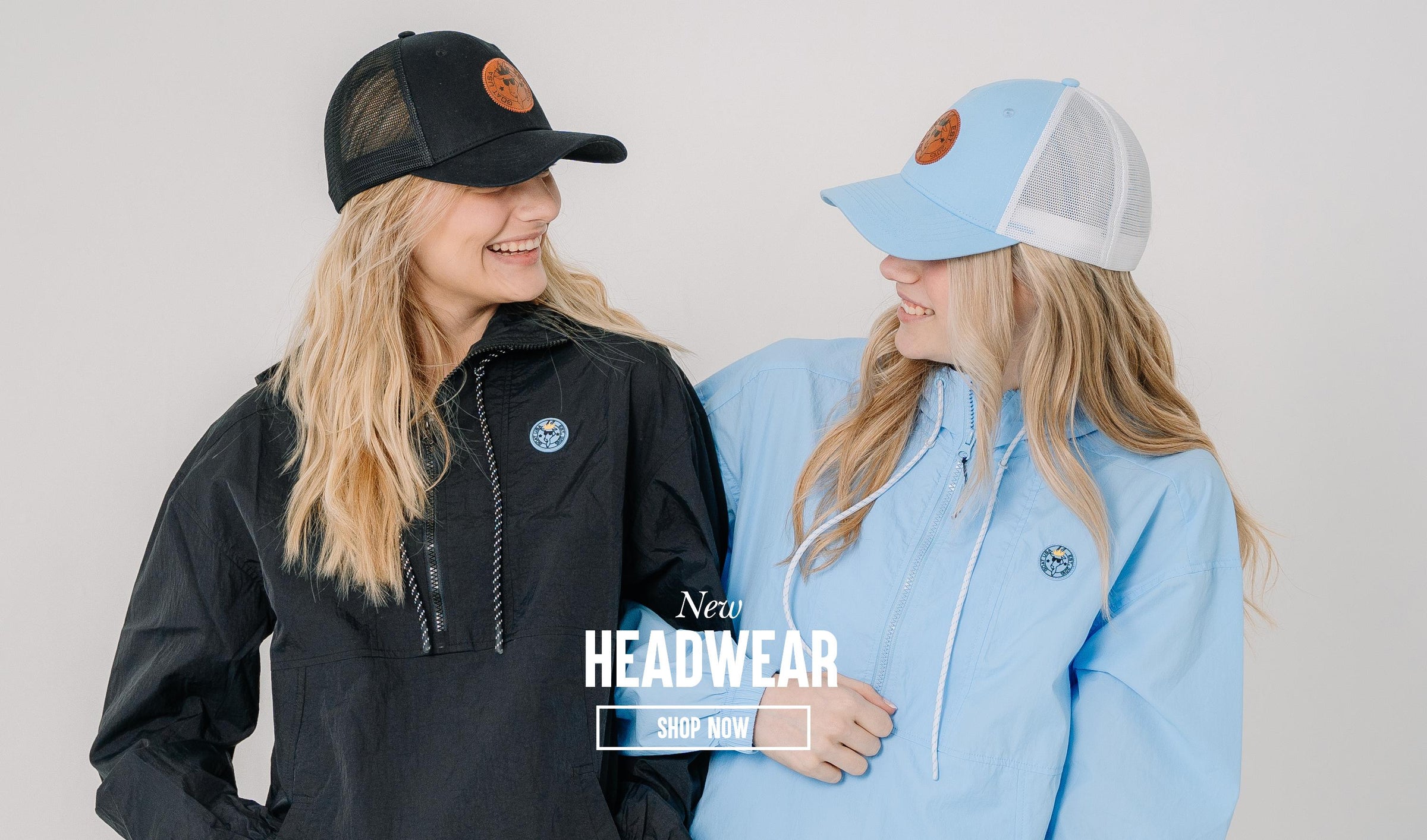 A collection of overlayed images of girls and a boy in various headwear with text that reads "New Headwear Shop Now" 