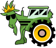A cartoon-style green goat wearing a gold crown and black sunglasses, standing next to a green tractor with a large yellow wheel on a white background.