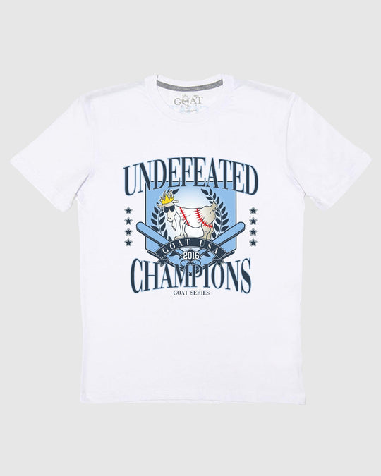 White t-shirt that reads 'Undefeated Champions' with baseball goat design