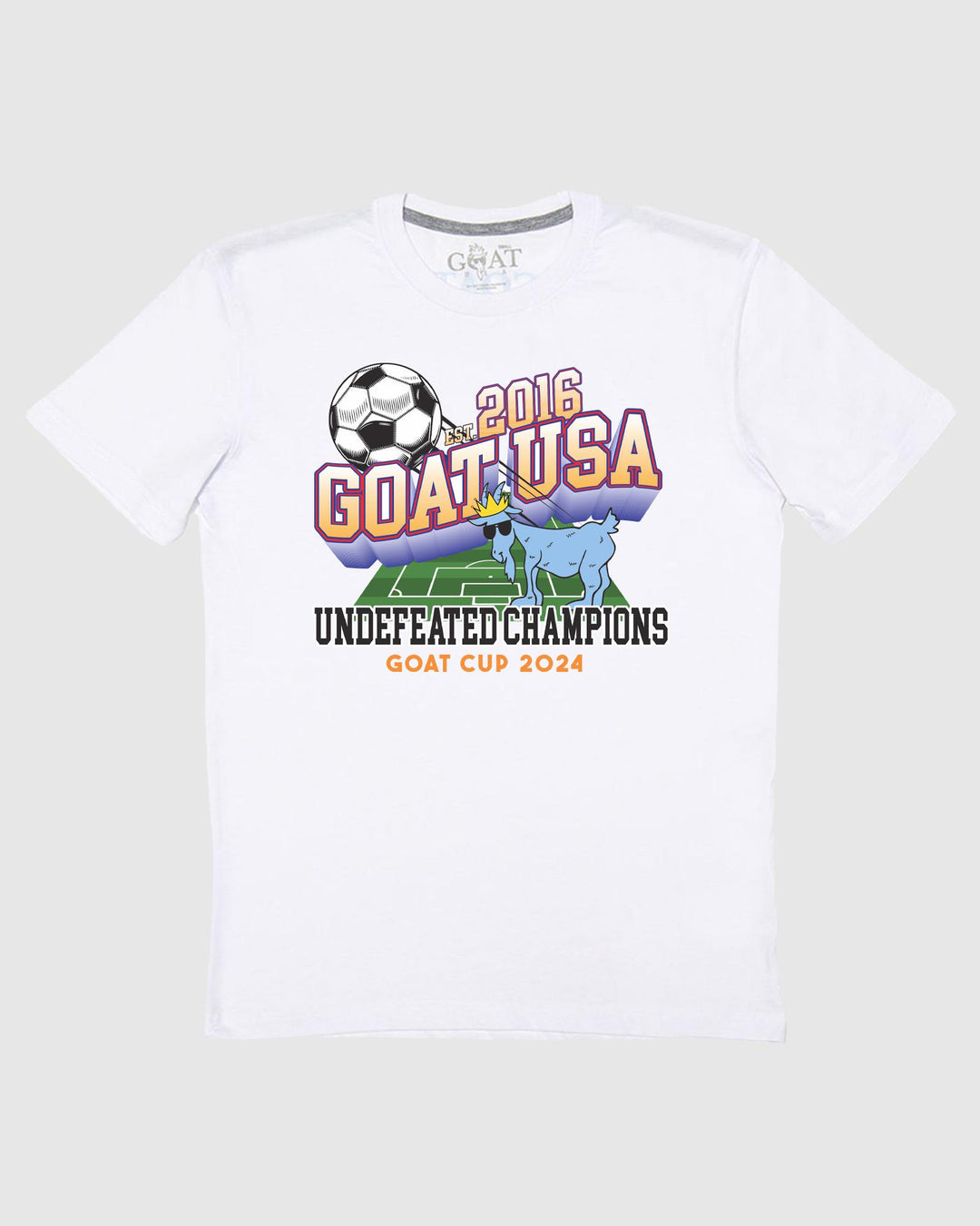 Front of white t-shirt that reads 'Undefeated Champions' with soccer design