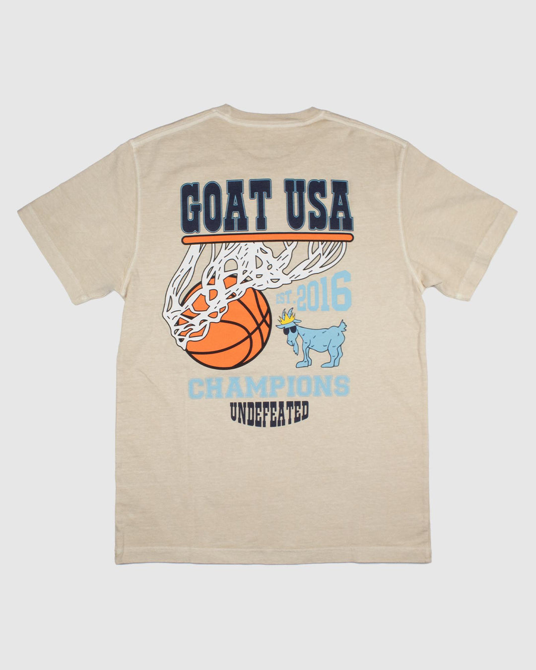 Sandshell colored t-shirt that reads 'Undefeated Champions' with basketball design