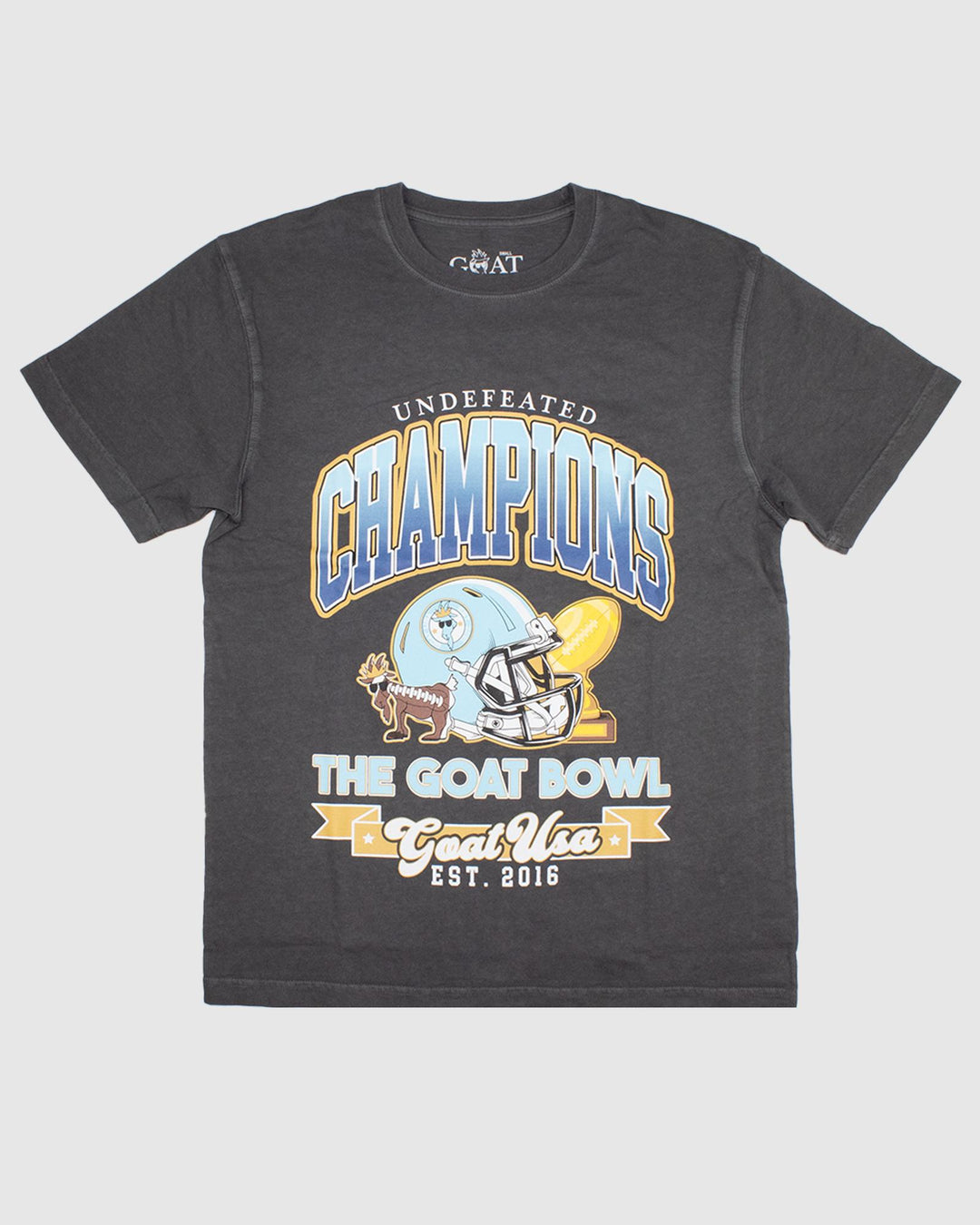 Pepper colored t-shirt that reads 'Undefeated Champions' with football helmet and trophy