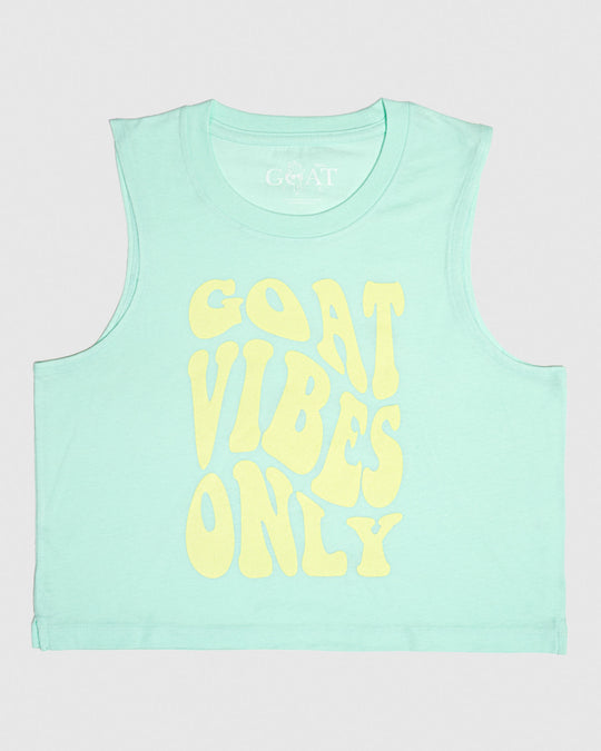 Mint tank top with yellow text that reads "GOAT VIBES ONLY"#color_mint