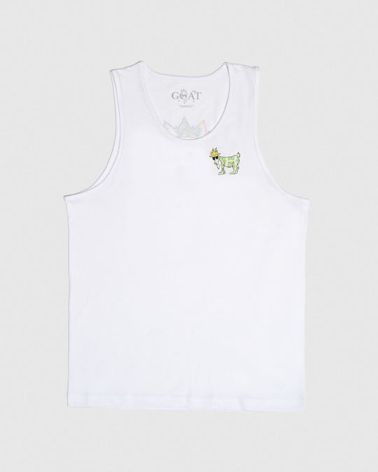 Frontside of white tank top with yellow/green floral goat