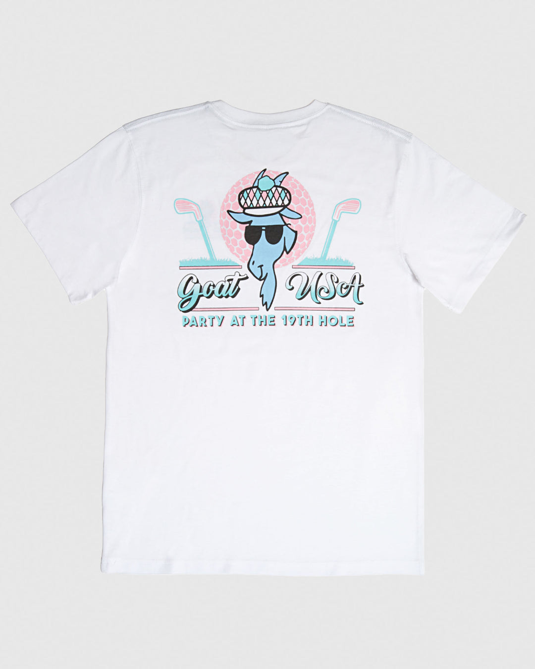 Back of white t-shirt with pink and blue golf design that reads "Party at the 19th Hole"