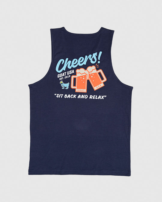 Navy tank top with two mugs toasting and text that reads "Cheers sit back and relax"