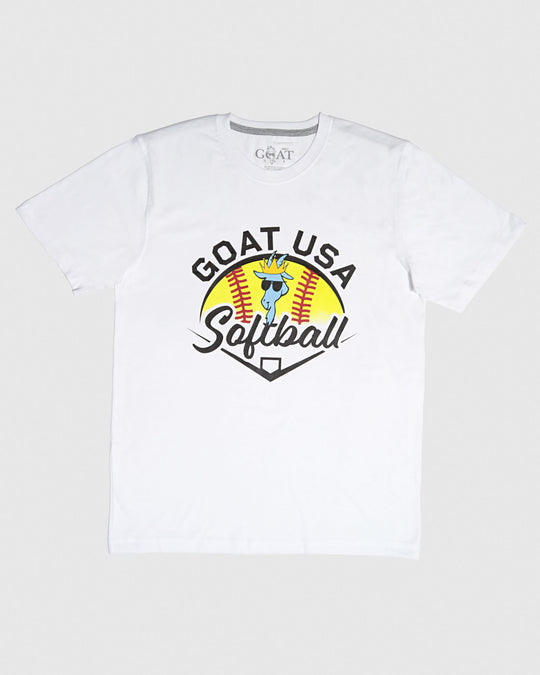 White t-shirt with design that reads "GOAT USA Softball"#color_white
