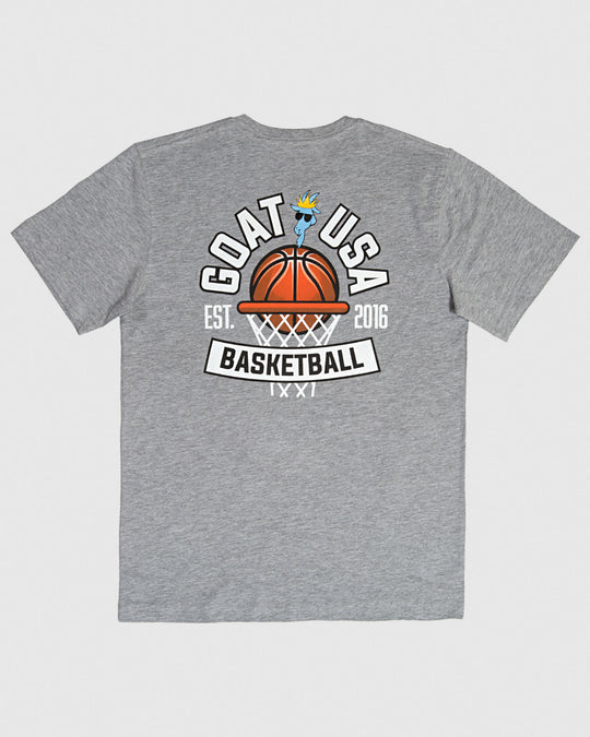 Back of gray t-shirt with design that reads "GOAT USA Basketball"#color_gray