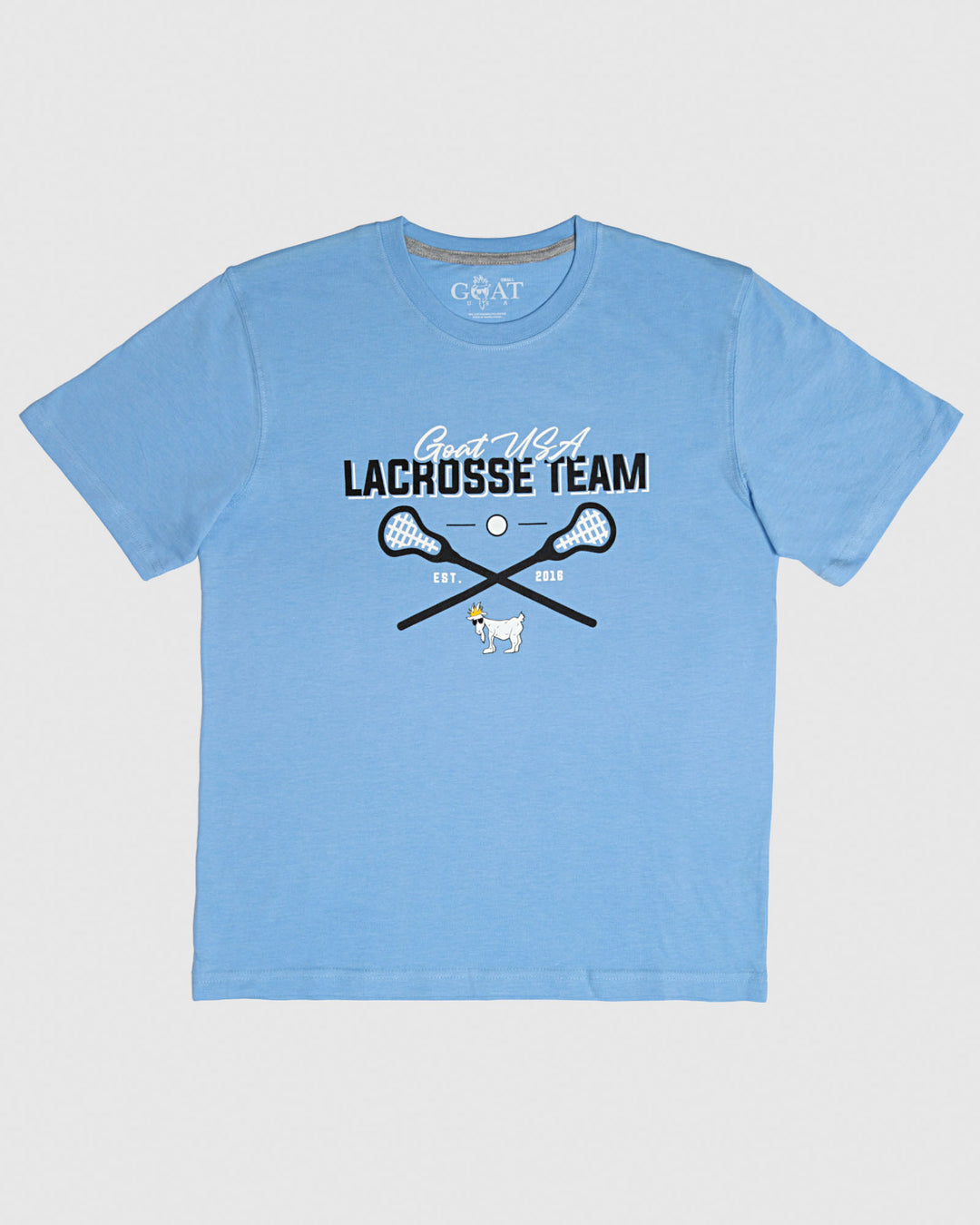 Carolina blue shirt that reads "GOAT USA LACROSSE TEAM" with lacrosse graphic