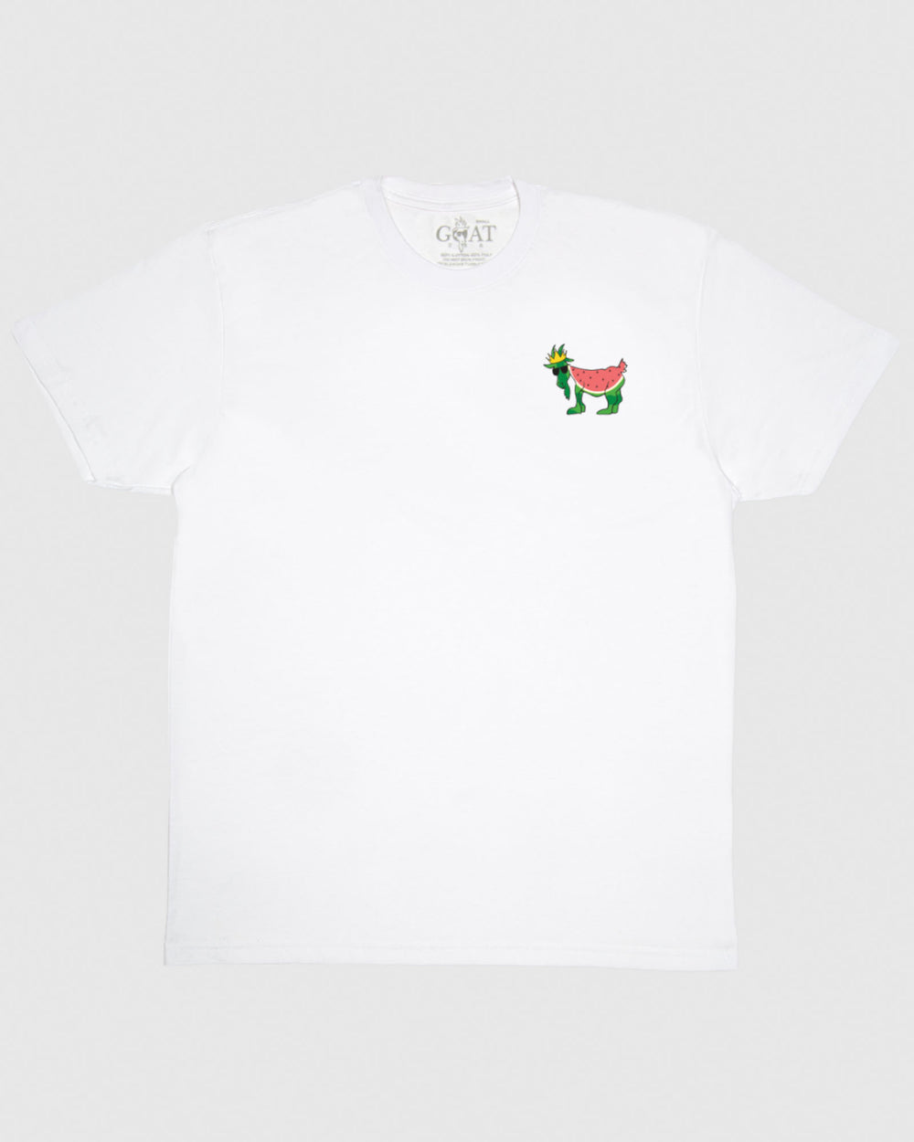 (Front)White T-Shirt with left chest watermelon goat graphic
