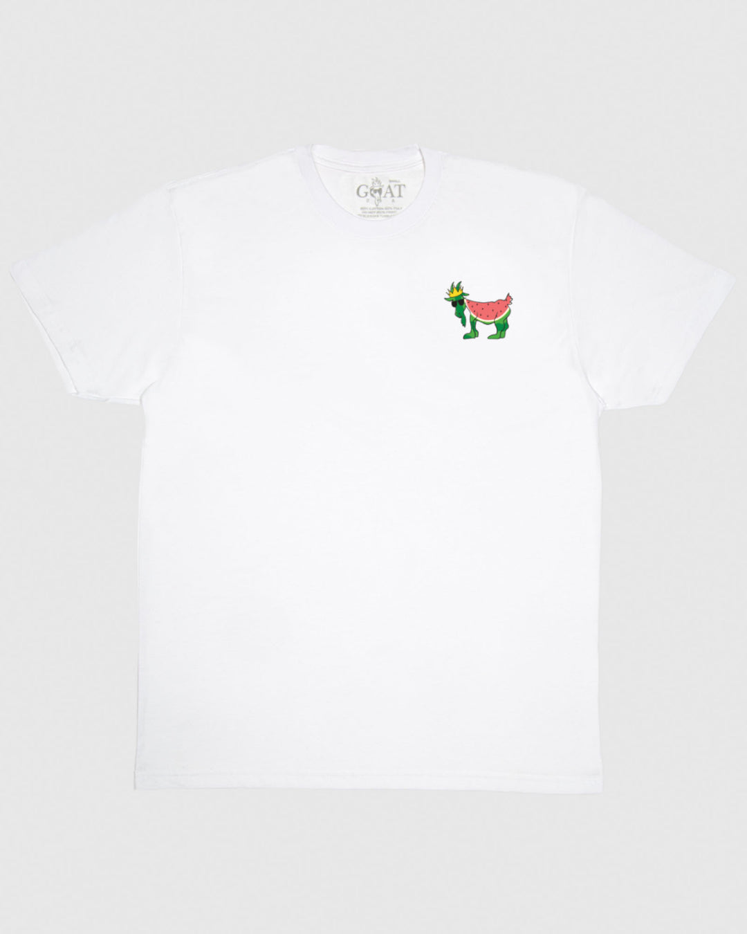 (Front)White T-Shirt with left chest watermelon goat graphic
