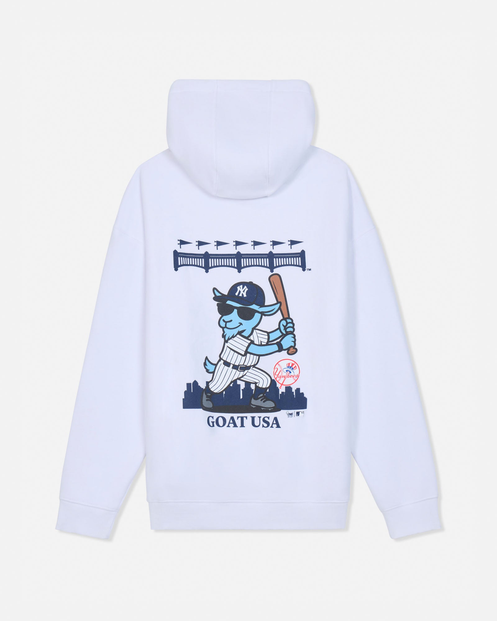 White hoodie with a blue goat wearing a New York Yankees uniform and a stadium design above.
