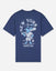 A navy blue short-sleeve t-shirt with a large graphic on the back featuring a light blue cartoon goat baseball player, the text 'NEW YORK' arched above, and 'GOAT USA' below.