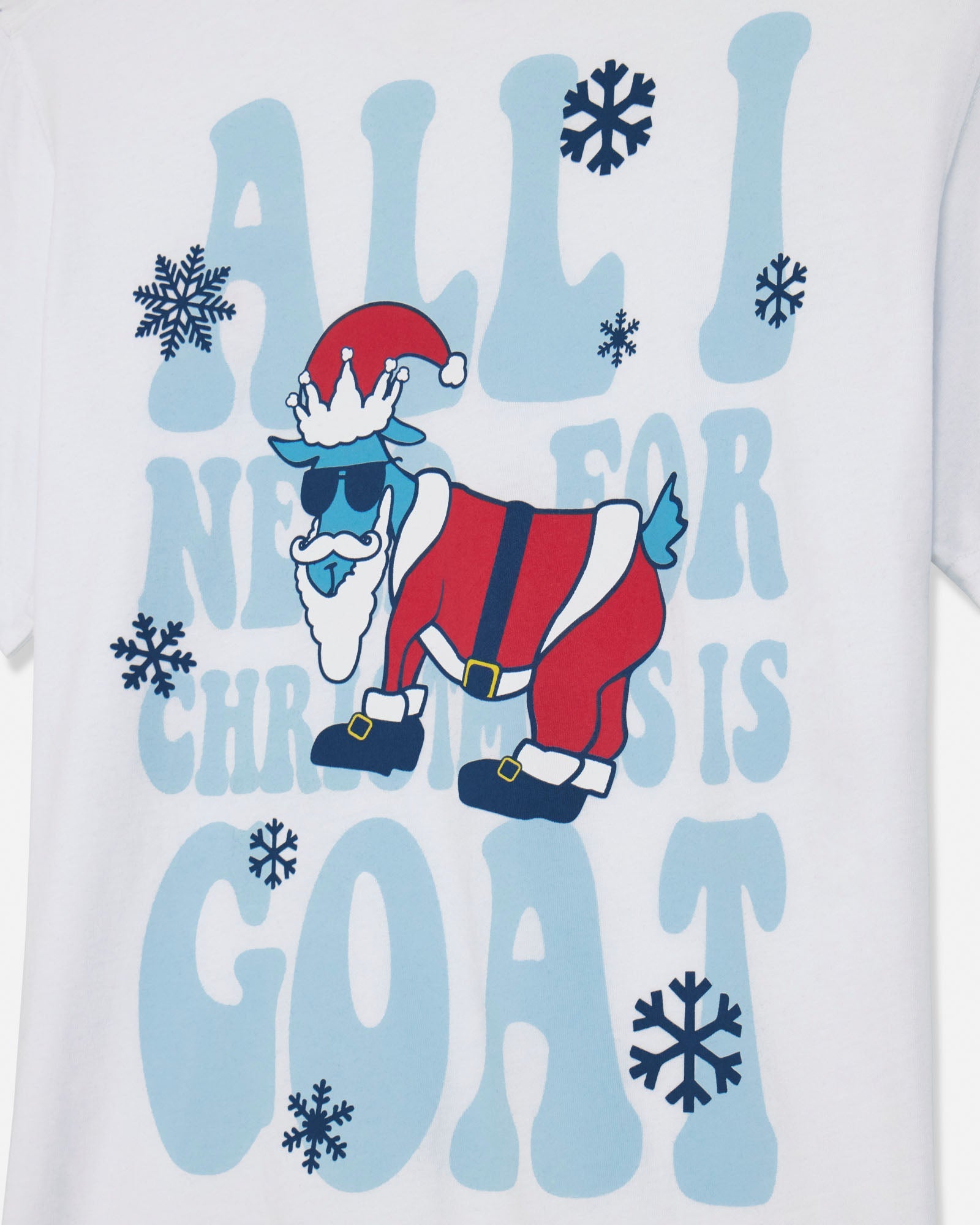 T-shirt with a cartoon goat in Santa Claus outfit and text 'All I need for Christmas is goat' on a white background.