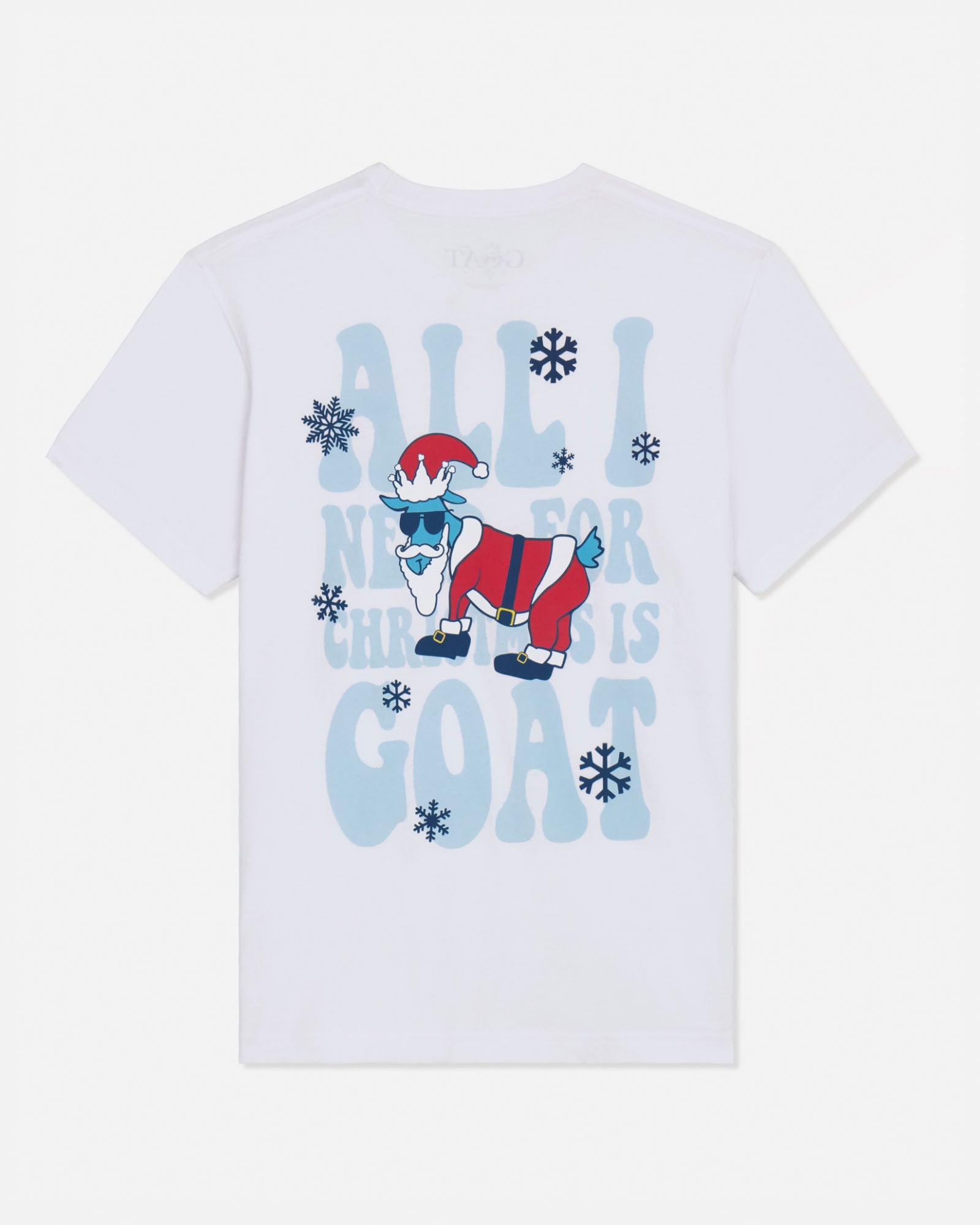 White t-shirt with Christmas-themed graphic and text on a light gray background