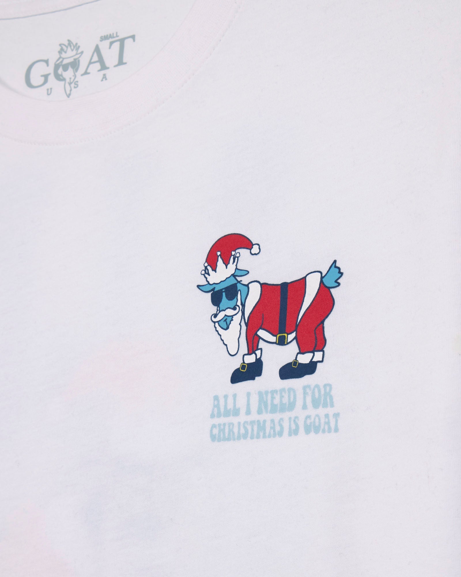 White t-shirt with a graphic of Santa Claus and text on a white background