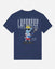 Navy blue t-shirt with cartoon character and 'GOAT USA Lacrosse' text on a white background