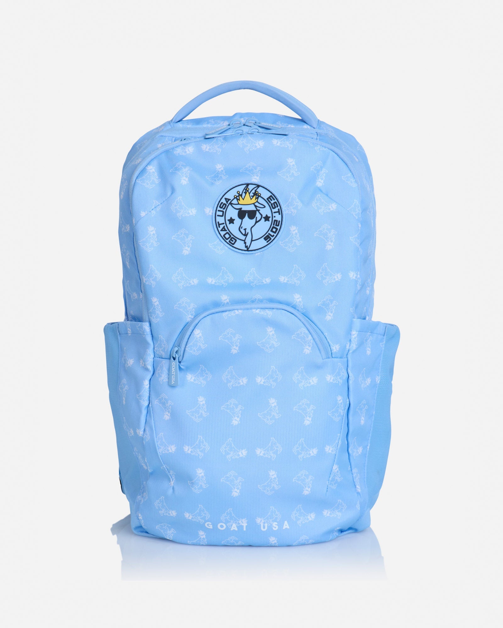 Front of Carolina Blue backpack with white goats#color_carolina-blue