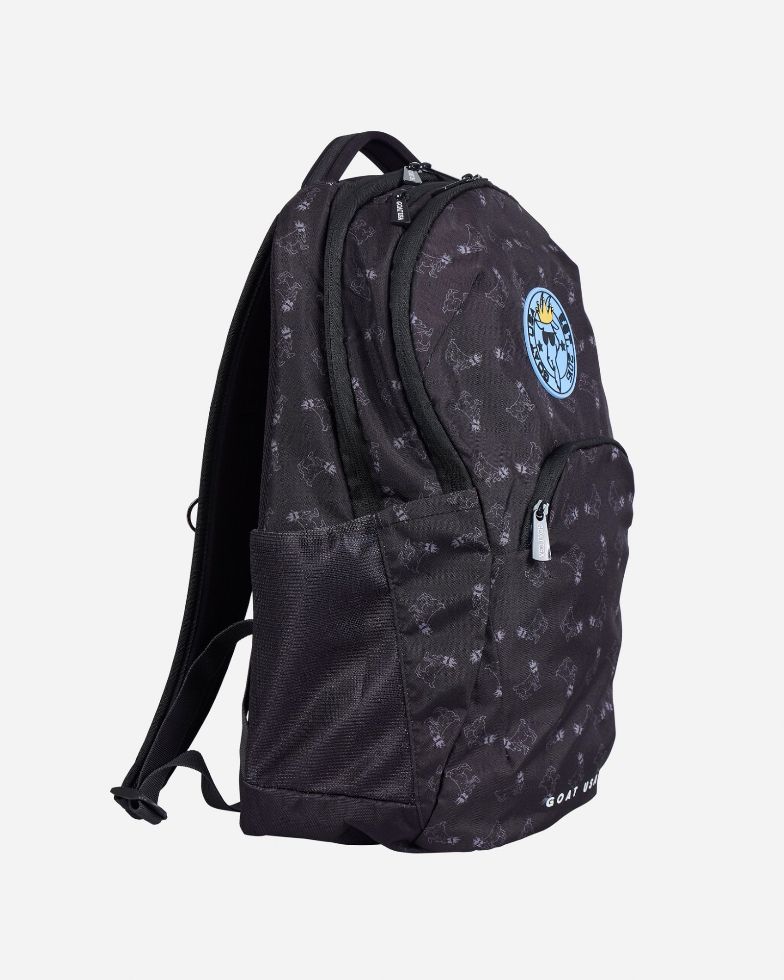 Side view of black backpack with a logo#color_black