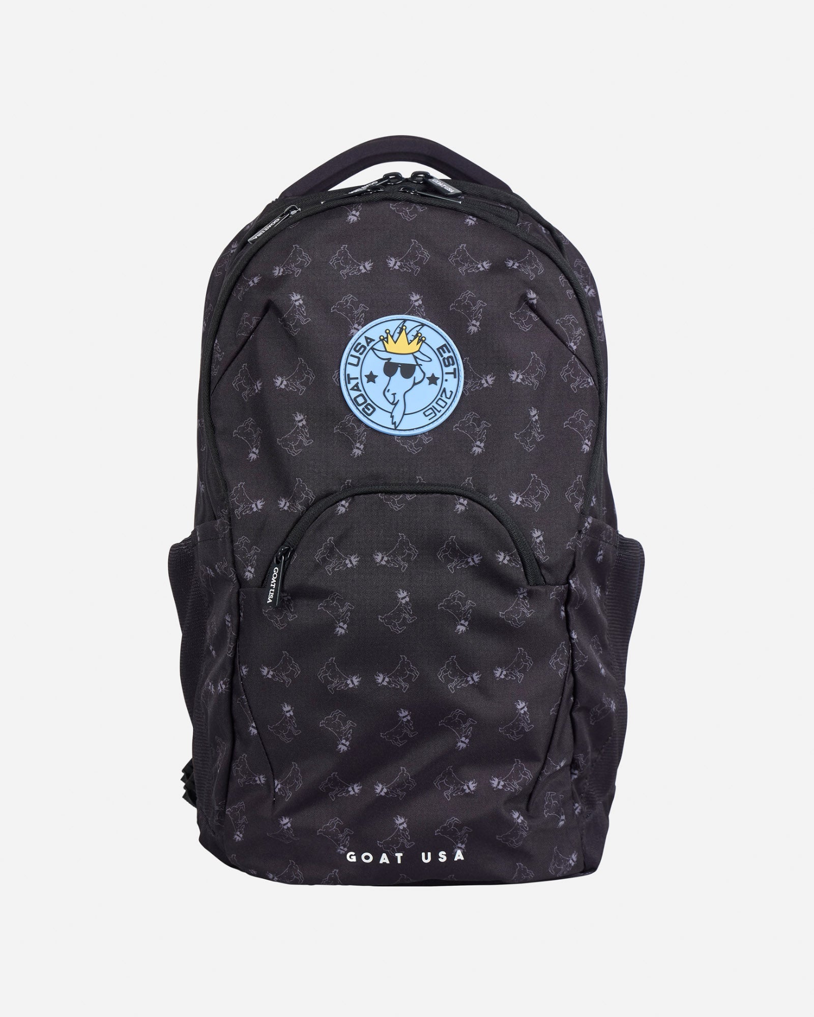 Front of black backpack with blue goats on it#color_black