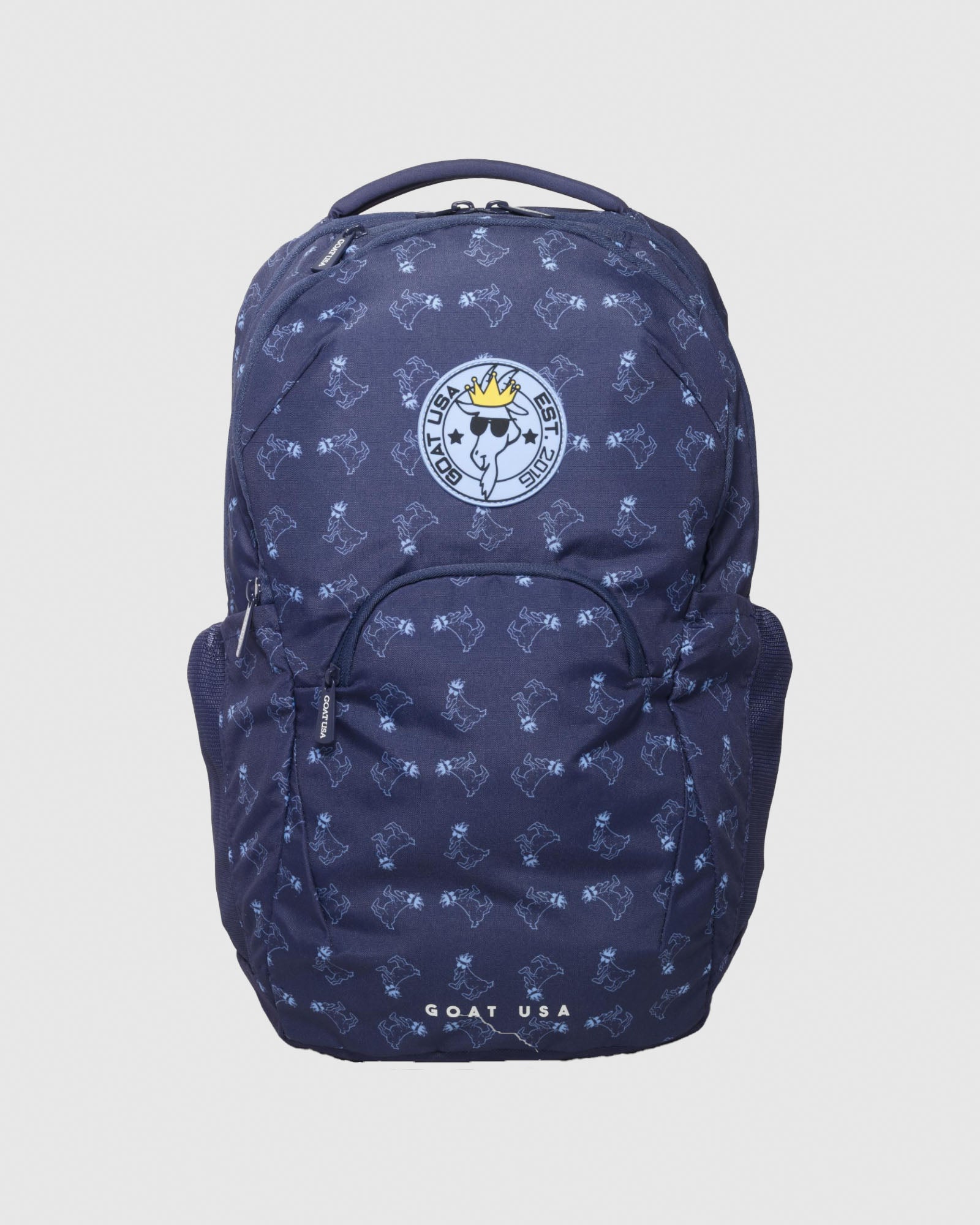 Front of navy backpack with blue goats on it#color_navy
