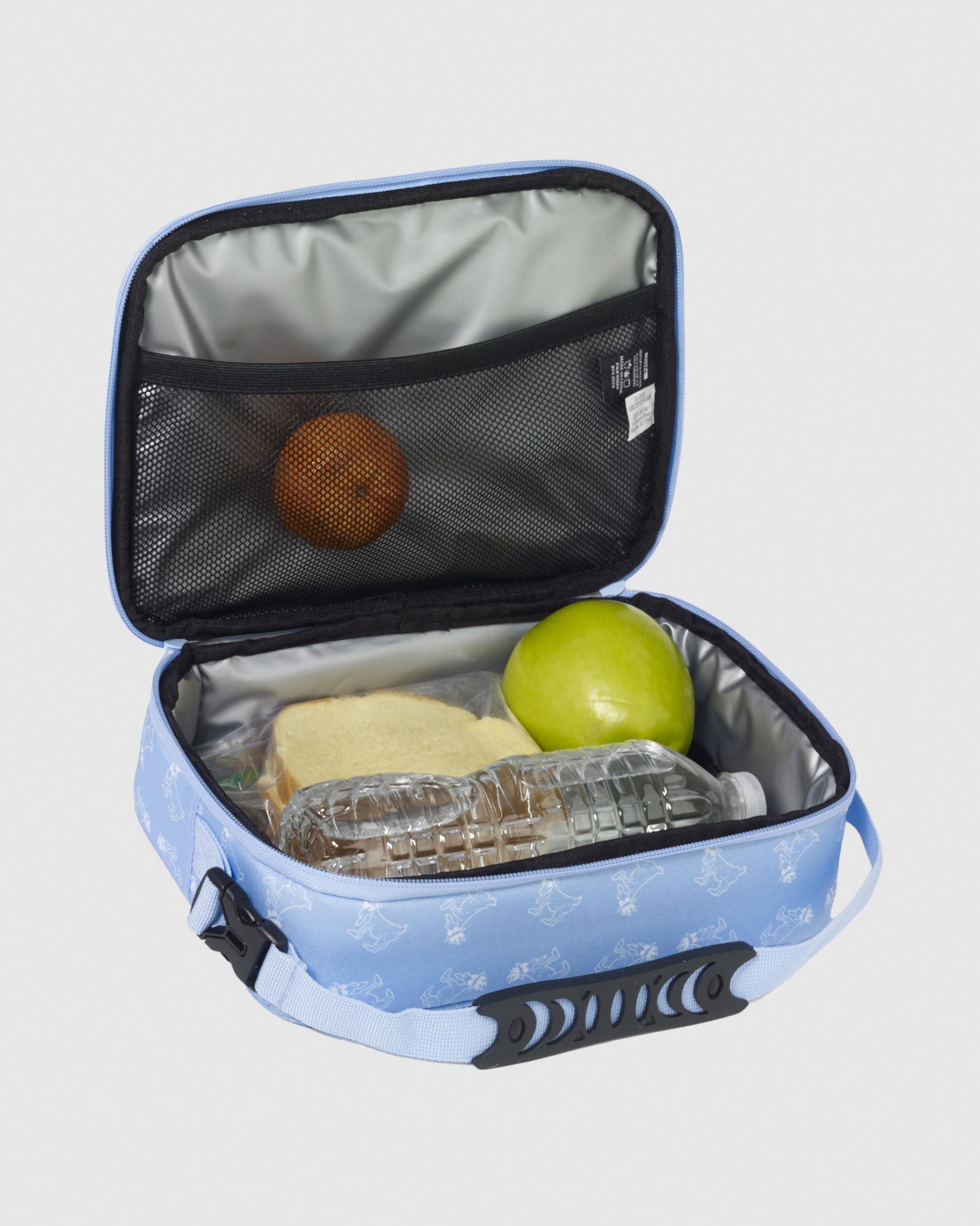 Open lunchbox with a sandwich, water and fruits in it#color_carolina-blue